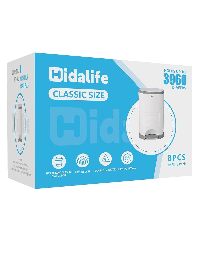 HIDALIFE عبوات إعادة تعبئة متوافقة مع سلات حفاضات ديكور كلاسيك، أكياس نفايات حفاضات قابلة للتخلص منها، بطانات إعادة تعبئة سلات الحفاضات سميكة جداً، تحمل حتى 3960 حفاض (8 عبوات) - Image 1